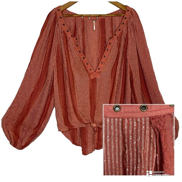 FREE PEOPLE Blouse V-Neck Rivets Tied Front Long Sleeve Boho Chic Womens M Red - Picture 1 of 10